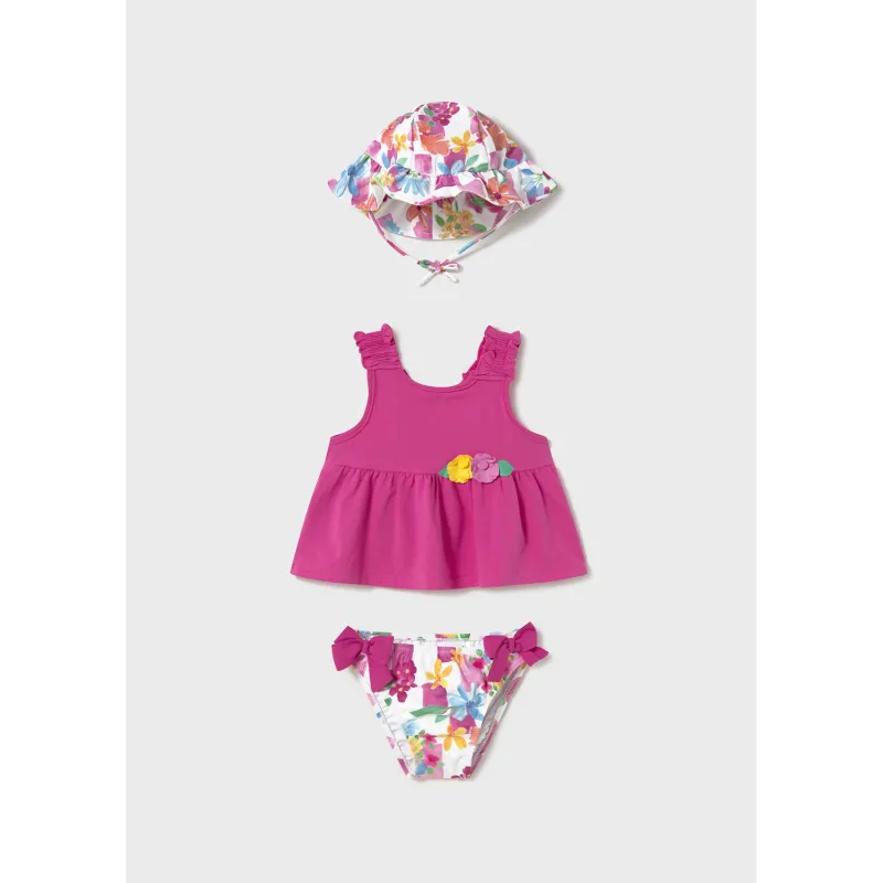 FUSCHIA 3PC SWIM SUIT & SUNHAT FLORAL PRINT / 1641-072