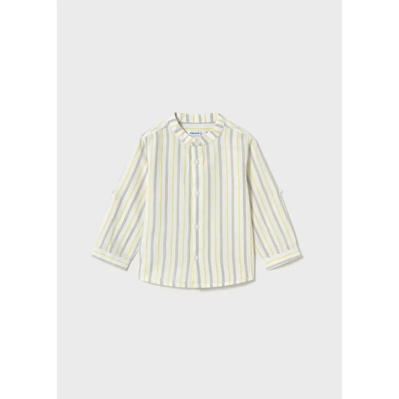 CREAM GOLD GREEN LINEN SHIRT MAO COLLAR PULL UP SLEEVE / 1115-081