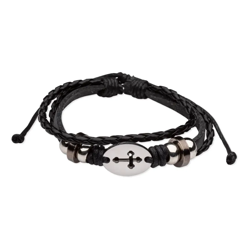 BLACK TRIPLE STRAND LEATHER BRACELET CROSS / SHE-MM3272-1