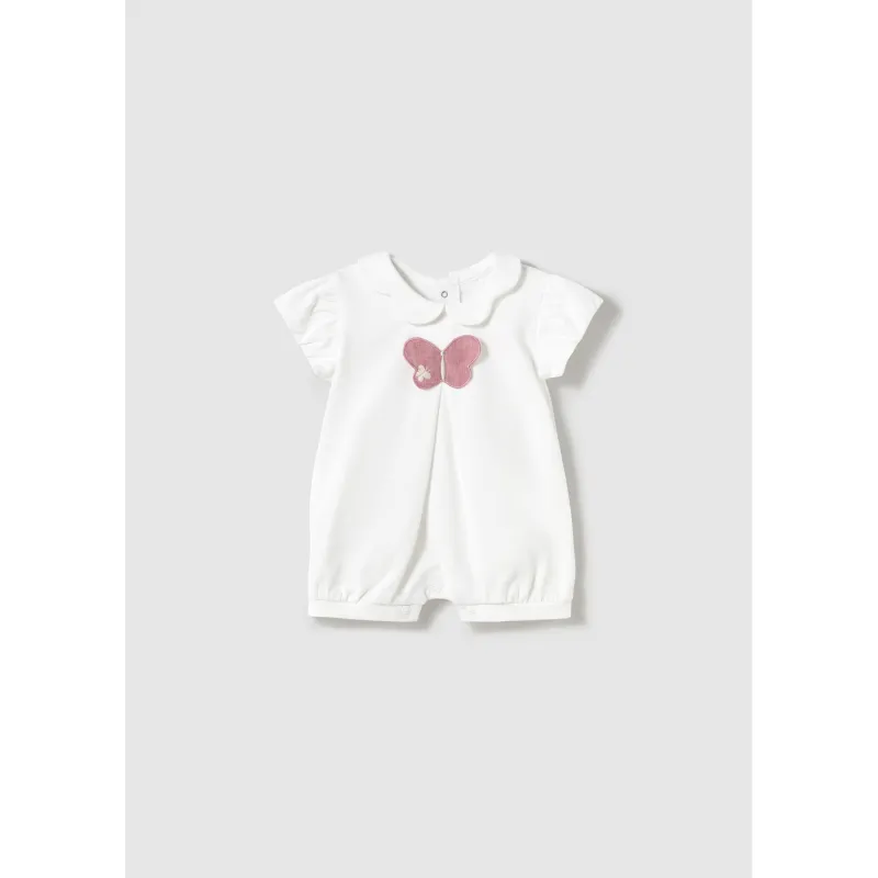 WHITE SHORT ROMPER PINK BUTTERFLY APPLIQUE / 1752-056