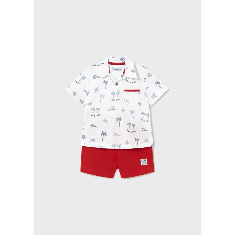 WHITE TOP RED KNIT SHORTS PALM TREE PRINT / 1657-036