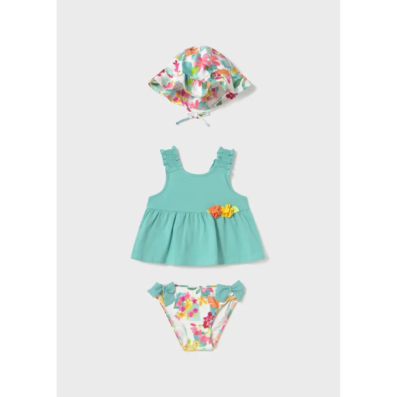 GREEN 3PC SWIM SUIT & SUNHAT WHITE MULTICOLORED PRINT / 1641-071