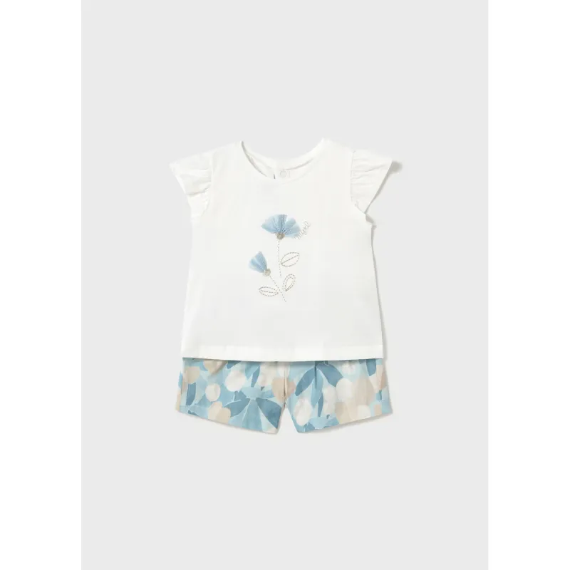 SKY BLUE 2PC SHORT SET WHITE TOP PRINTED SHORTS / 1237-14