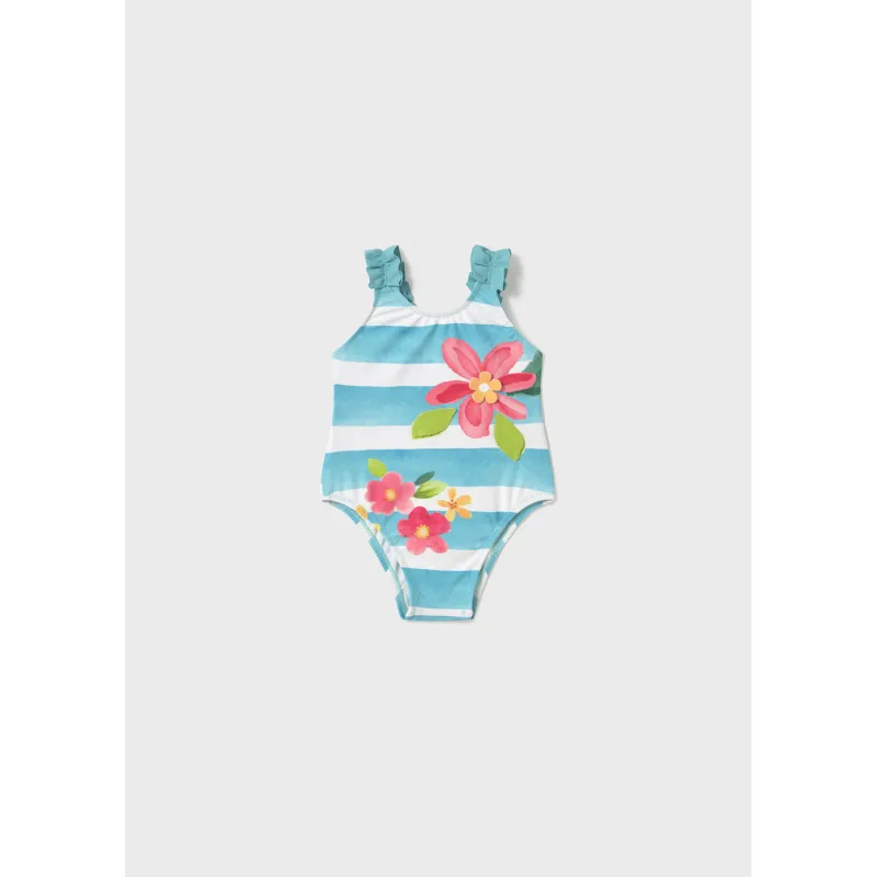 BLUE & WHITE STRIPED SWIMSUIT PINK FLOWER PRINT / 1741-071