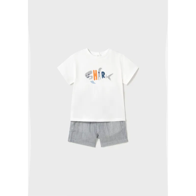 WHITE & BLUE STRIPED SHORT SET SHARK APPLIQUE / 1253-036