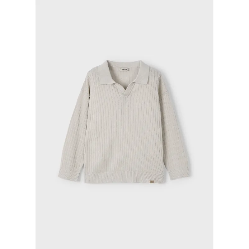 BEIGE POLO KNIT SWEATER V NECK LONG SLEEVE OPEN WORK PATTERN / 3367-011