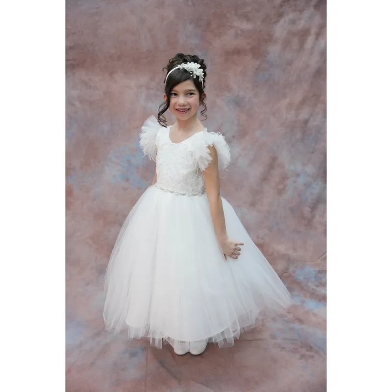 DRESS OFF WHITE LAZER CUT BODICE TULLE & FEATHER CAP SLEEVE TULLE SKIRT BEADED BELT / 4345