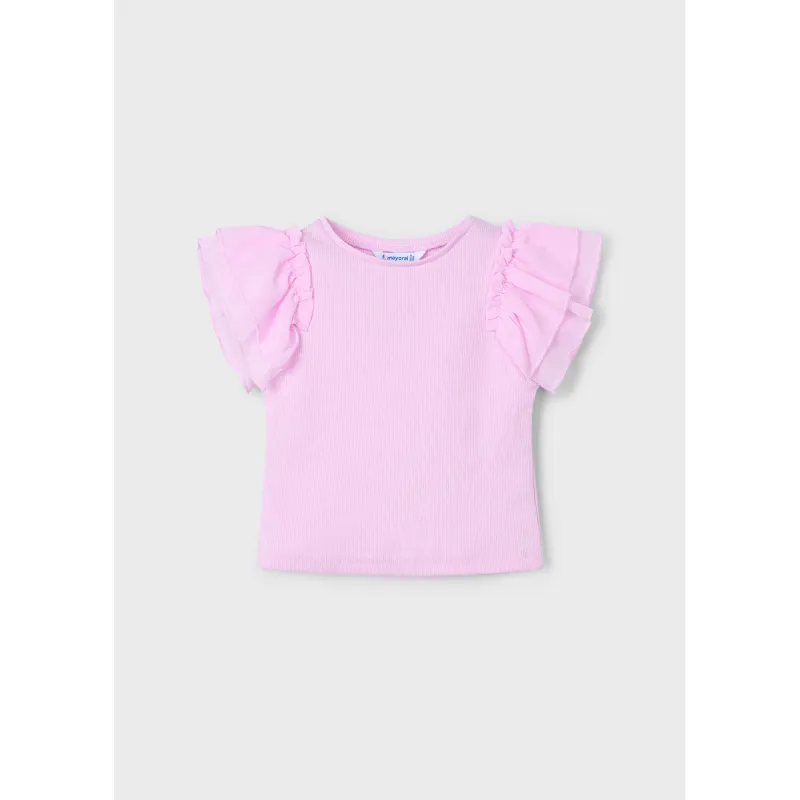 PINK RIBBED TSHIRT CHIFFON CAP SLEEVE / 3013-025