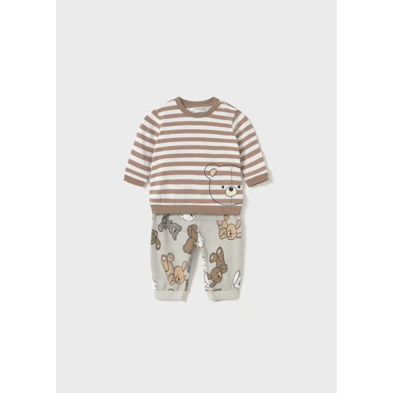 BROWN & CREAM STRIPED PANT SET BEAR PRINT / 1612-062