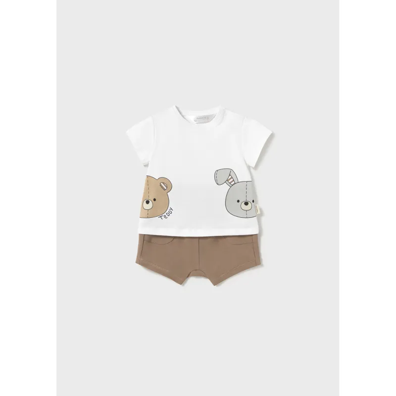 CREAM & BROWN SHORT SET TEDDY BEAR PRINT / 1206-049