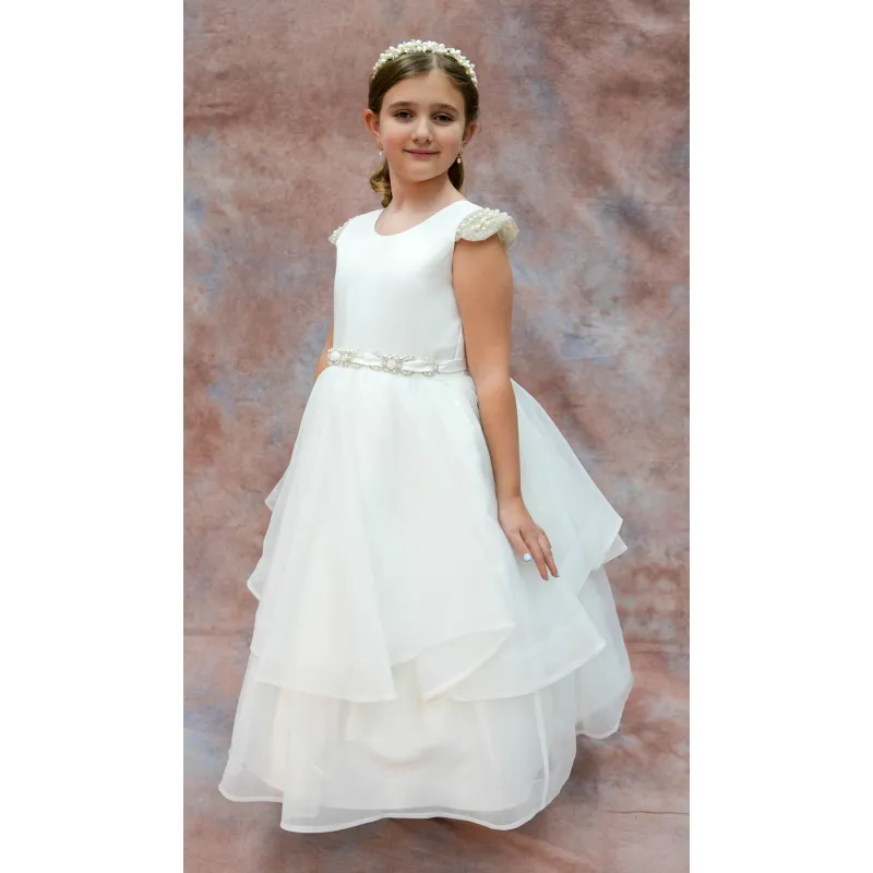 DRESS IVORY BEADED CAP SLEEVE ORGANZA LAYERED SKIRT H / BONE TRIM / 3930