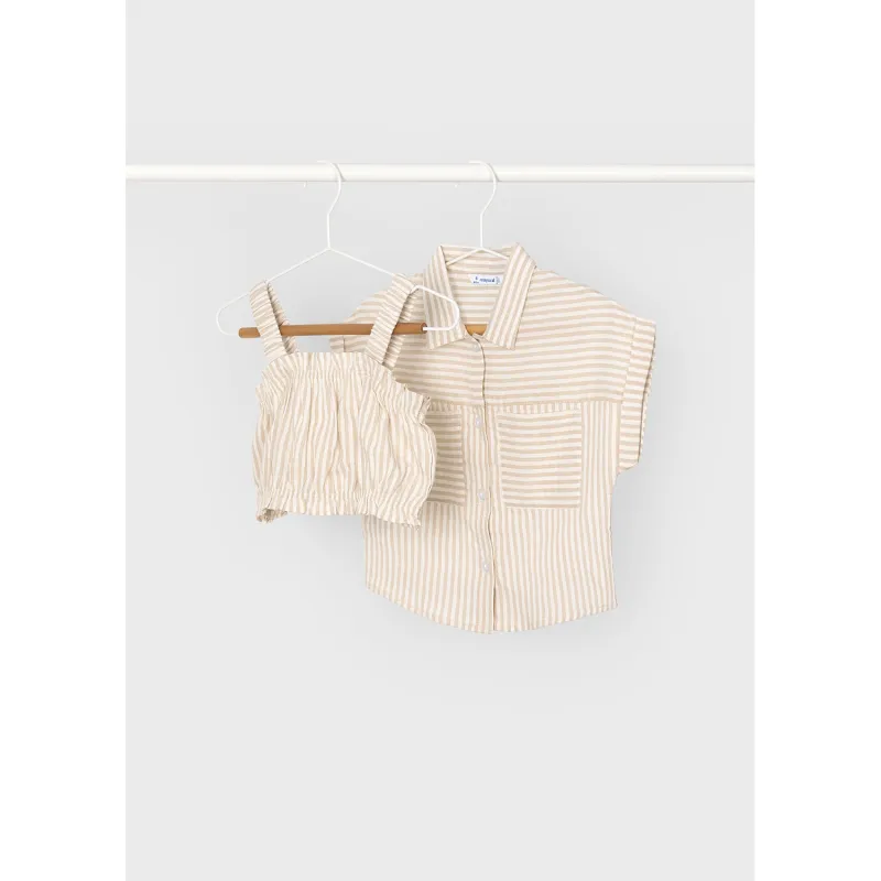 BEIGE & CREAM STRIPED 2PC BLOUSE SET / 3185-32