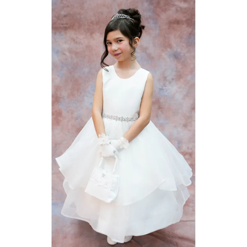 DRESS IVORY SATIN ORGANZA SKIRT 2 LAYERS RHINESTONE BELT / 3881