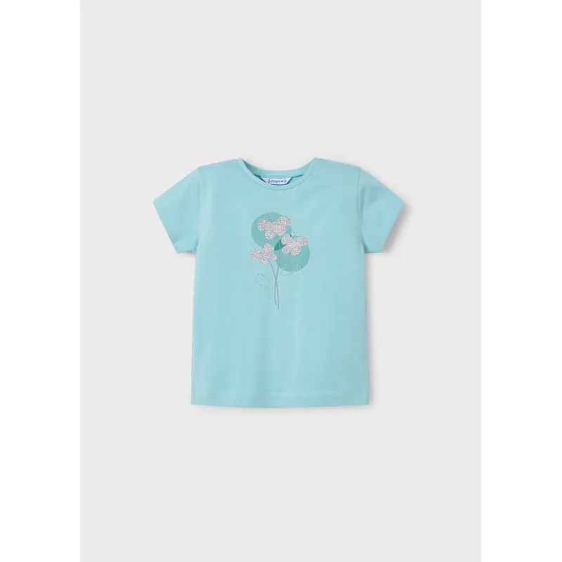 GREEN TSHIRT SILVER FLOWER APPLIQUE SHORT SLEEVE / 174-072