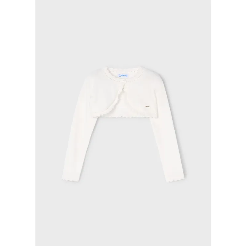 OFF WHITE KNIT BOLERO CARDIGAN SCALLOPED EDGE TRIM / 320-093
