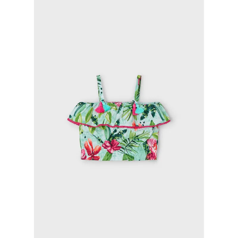 AQUA GREEN PRINTED TOP SPAGHETTI STRAPS RED TRIM / 3186-066