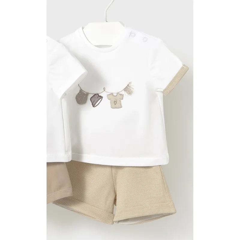 CREAM & BEIGE SHORT SET SPECKLED SHORTS & CUFF SLEEVE EMBROIDERY HAT TRIM TRIM / 1610-027