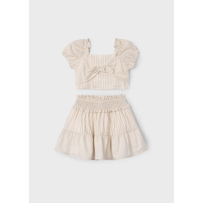 BEIGE & CREAM STRIPED SKIRT SET SMOCKED BACK TRIM / 3945-032