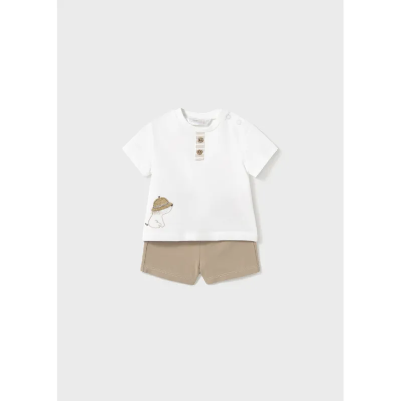 CREAM & BROWN SHORT SET PUPPY EMBROIDERY / 1610-027