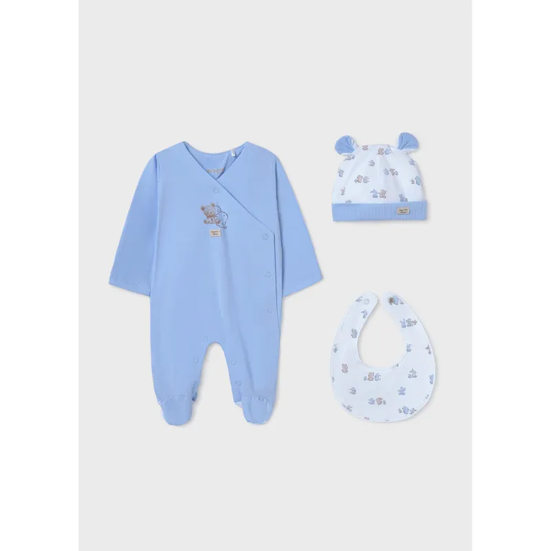 LIGHT BLUE SLEEPER & HAT & BIB WHITE BUNNY PRINT / 9907-061