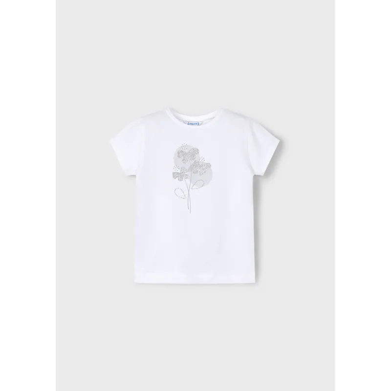WHITE TSHIRT SILVER FLOWER APPLIQUE SHORT SLEEVE / 174-075