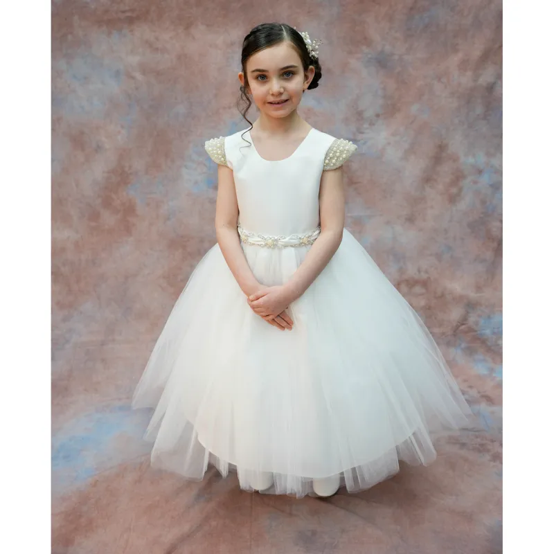 DRESS IVORY BEADED CAP SLEEVE SATIN & TULLE SKIRT RSTONE BELT / 3939