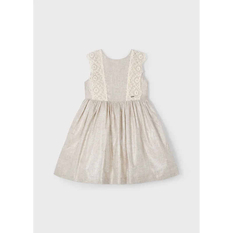 GOLD LINEN DRESS SHIMMER LACE BODICE TRIM SLEEVELESS / 3910-031