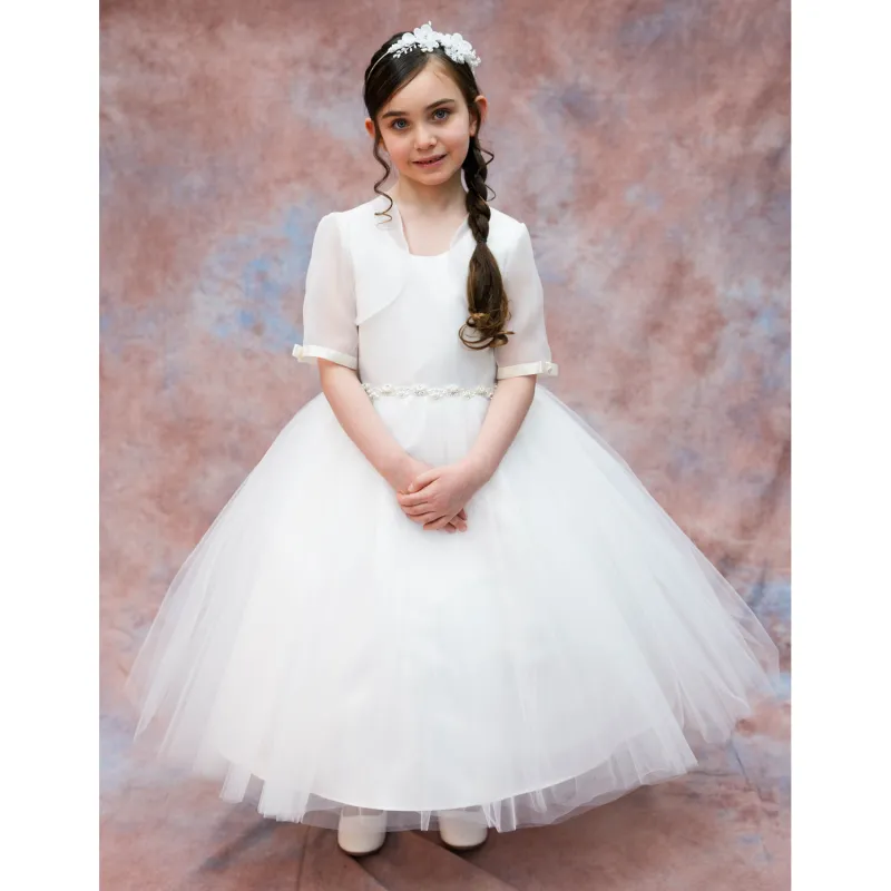 DRESS IVORY SATIN BODICE TULLE SKIRT BOW & PEARL / RHINESTONE TRIM / 4324