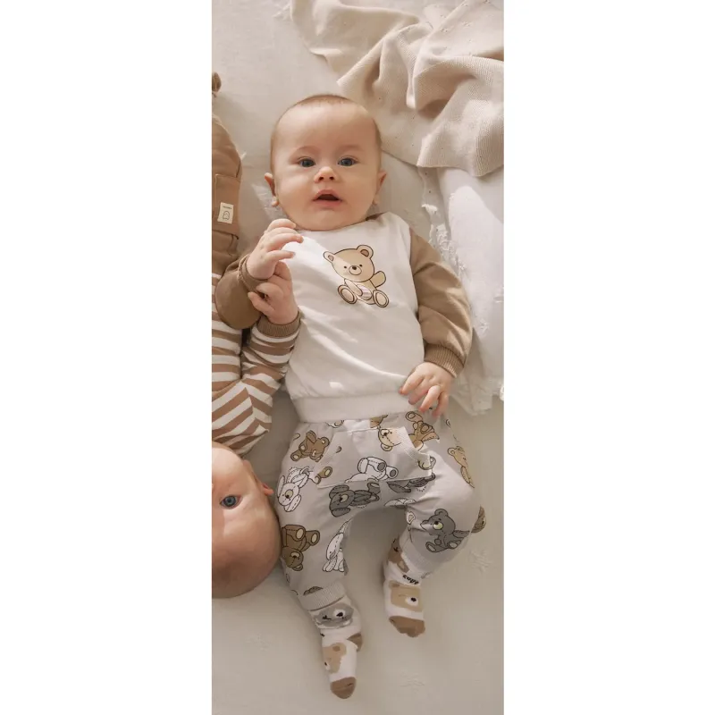 CREAM & TAUPE PANT SET BEAR PRINT PANT BROWN SLEEVES / 1612-062