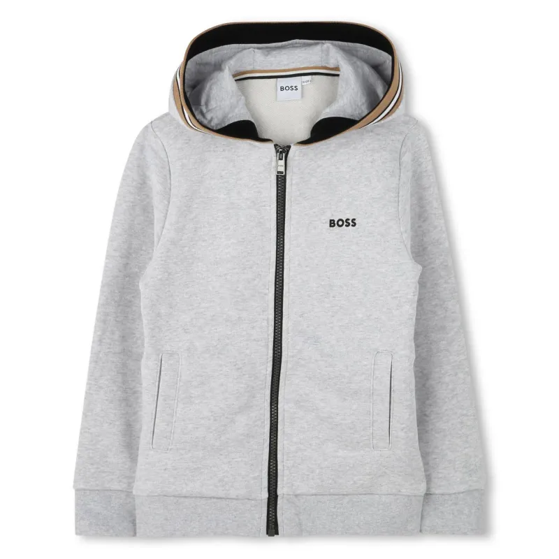 P10005BOS / GREY HOODIE ZIP SWEATTOP STRIPED BROWN TRIM / J51120-A32
