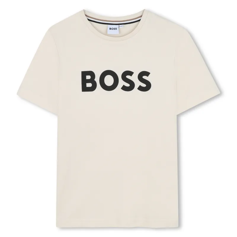 P10027BOS / BEIGE TSHIRT BLACK BOOS LOGO SHORT SLEEVE / J52030-21C