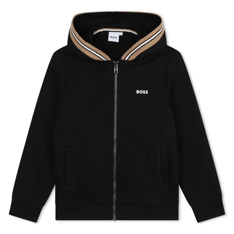 P10003BOS / BLACK HOODIE SWEAT TOP ZIP CLOSURE STRIPED HOOD TRIM / J51120-09B