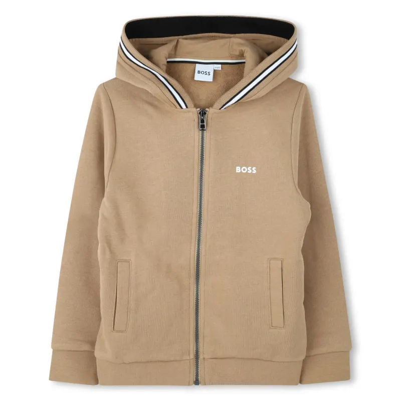 P10004BOS / BROWN HOODIE ZIP UP CARDIGAN STRIPED TRIM / J51120-269