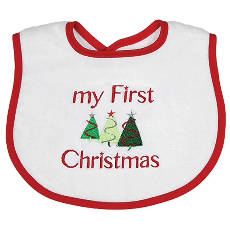 BIB WHITE TERRY RED BINDING MY FIRST CHRISTMAS 3 TREES / 6518X