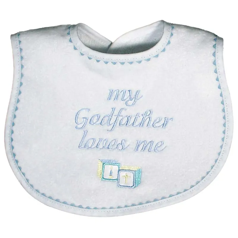 BIB WHITE BLUE TRIM MY GODFATHER LOVES ME EMBROIDERY / 6690