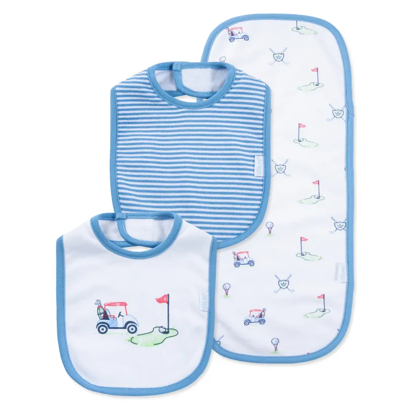 BLUE & WHITE 3PC BIB & BURPER SET GOLF CLUB PRINT / LB415469N-L457
