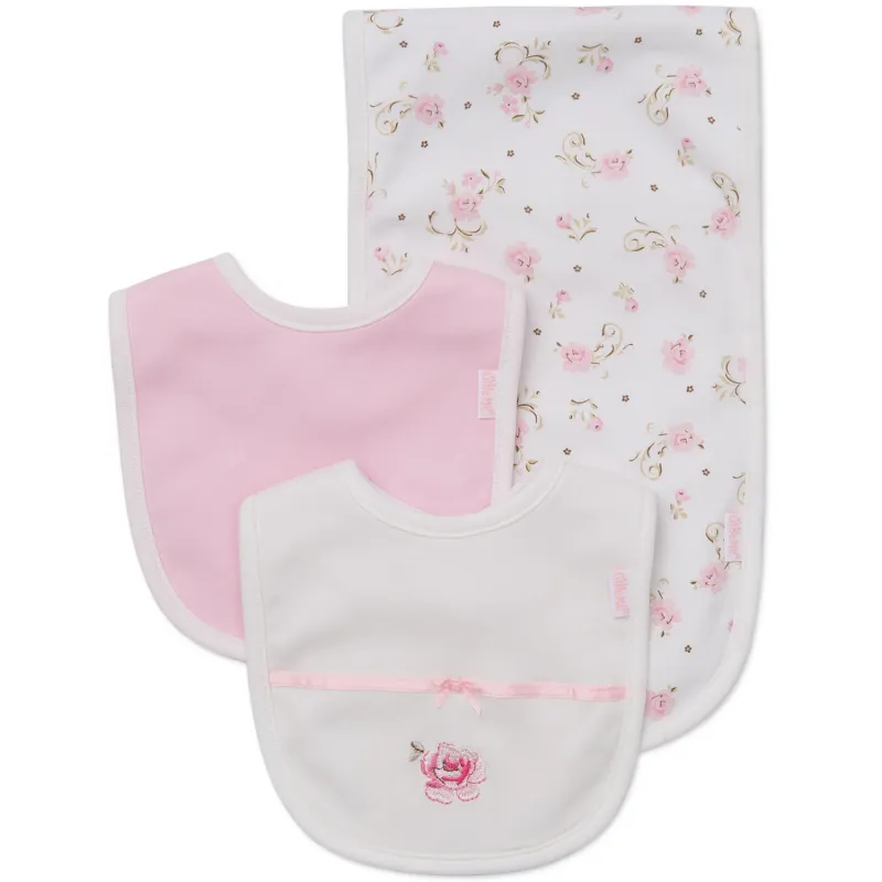 3PC WHITE & PINK BIB & BURPER SET ROSES PRINT / LB404001N-L125