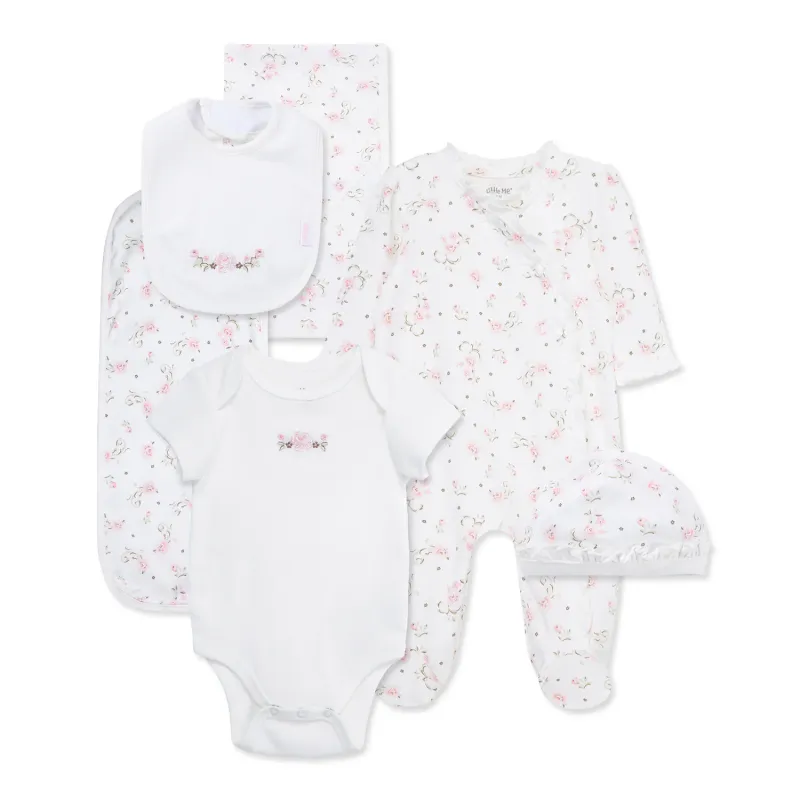 6PC IVORY & ROSES PRINT GIFT SET FOOTIE & HAT BODYSUIT BLANKET BIB & BURPER / LLO16118M-L959