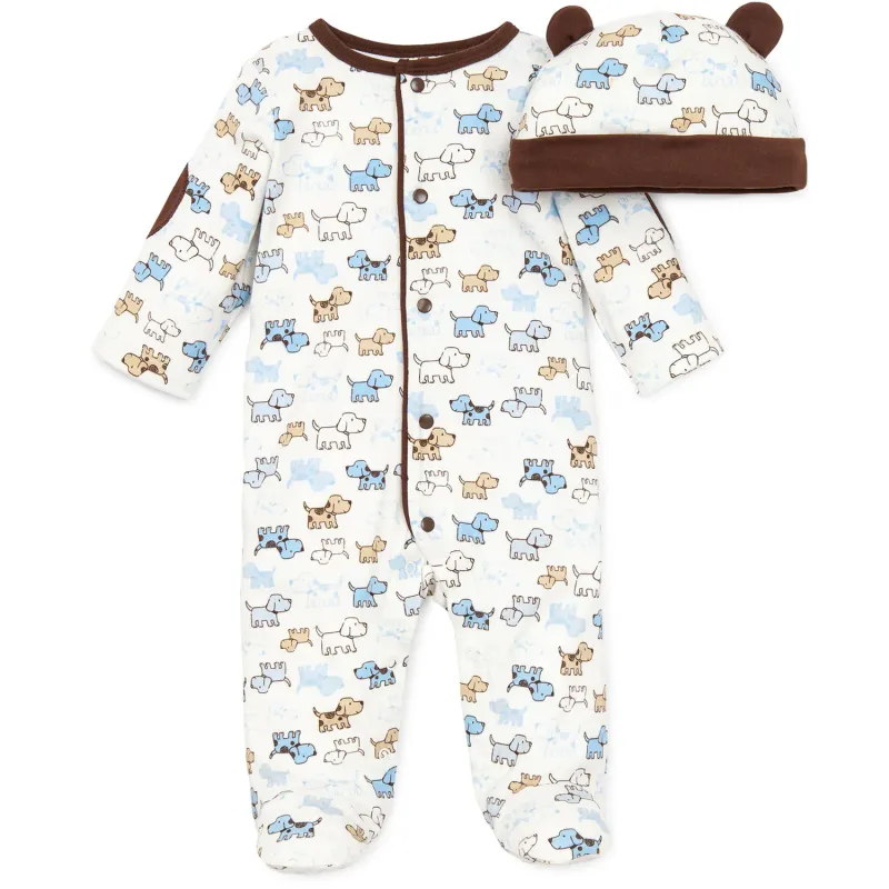 2PC WHITE SLEEPER & HAT PUPPIES PRINT FRONT CLOSURE / LBQ02023N-L190