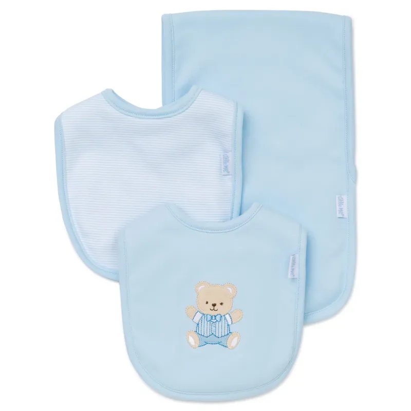 LIGHT BLUE 3PC BIB & BURPER SET BEAR APPLIQUE / LB404012N-L454