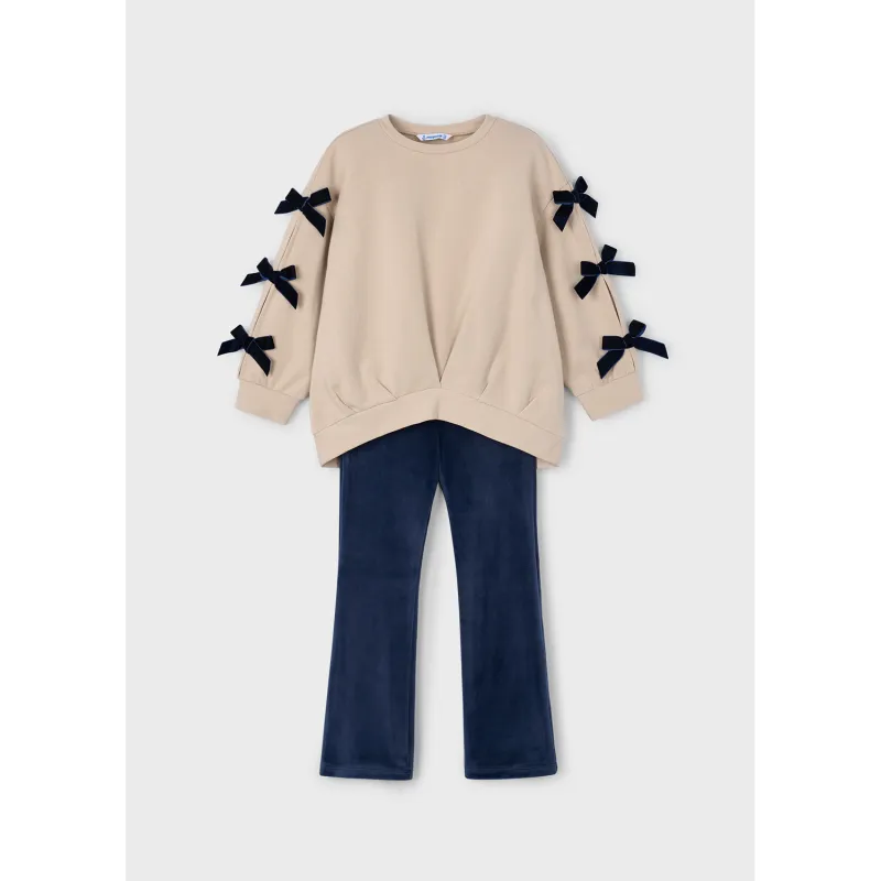 P10185MAY / 4725-040 2PC TAUPE TOP & NAVY VELOUR LEGGING VELOUR BOW TRIM