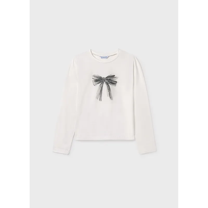 P10168MAY / 830-080 CREAM TSHIRT BLACK BOW PRINT LONG SLEEVE
