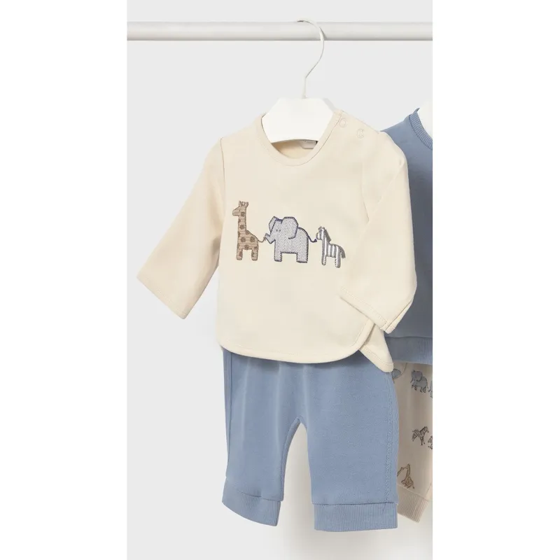 2PC BEIGE & BLUE PANT SET ANIMAL APPLIQUE / 2621-20