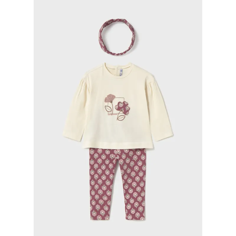 3PC CREAM & ROSE PRINTED LEGGING & HEADBAND SET-FLOWER PRINT / 2744-012