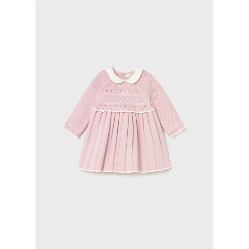 PINK KNIT DRESS PLEATED & CROCHET BODICE / 2804-025