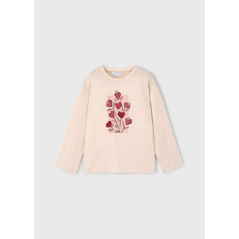 P10169MAY / 4005-054 TAUPE TSHIRT RED HEARTS PRINT LONG SLEEVE