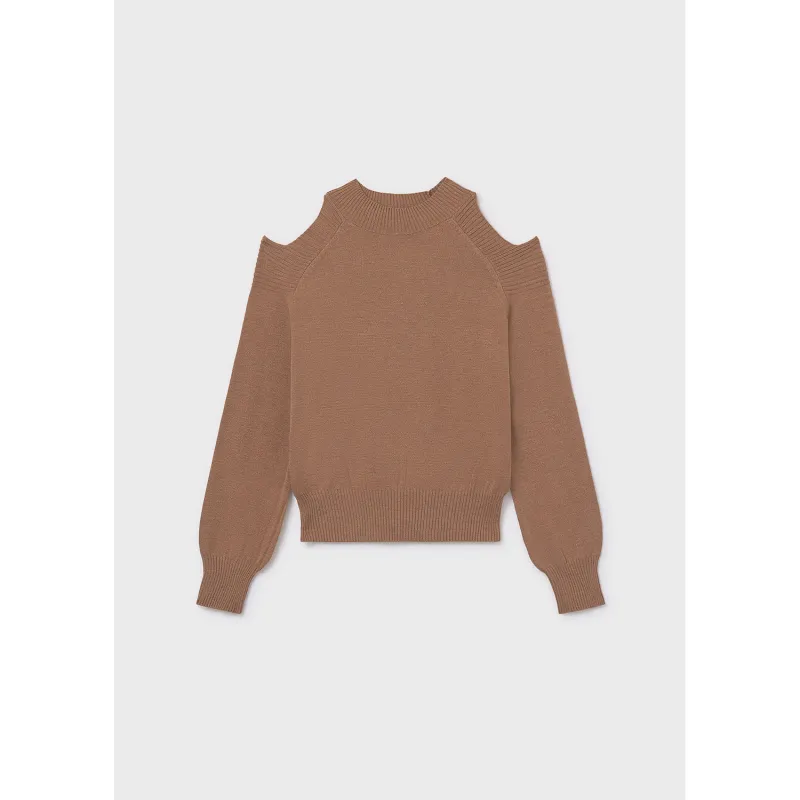 BROWN KNIT SWEATER MOCK NECK CUTOUT SHOULDER TRIM / 7312-074