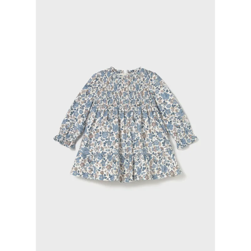 BLUE PRINTED VELVET DRESS SMOCKED FRONT FLOWER PRINT / 2909-026