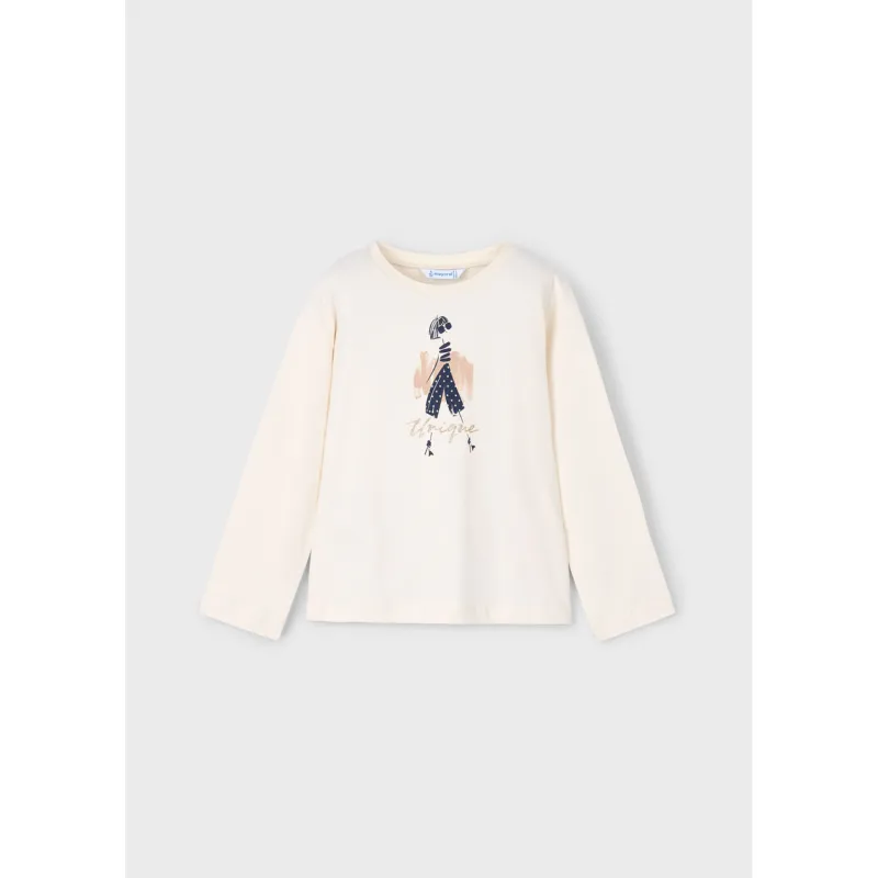 P10172MAY / 4010-071 CREAM TSHIRT NAVY GIRL PRINT LONG SLEEVE