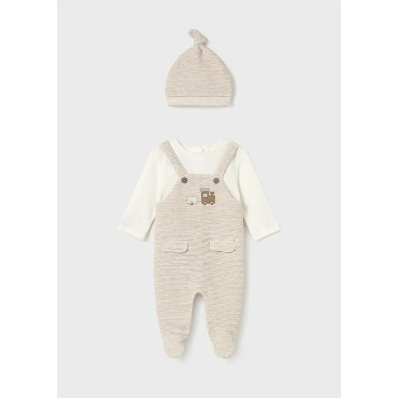 2PC BEIGE & CREAM ROMPER & HAT RIBBED EFFECT TRAIN EMBROIDERY 9-18M NO FEET / 2609-011